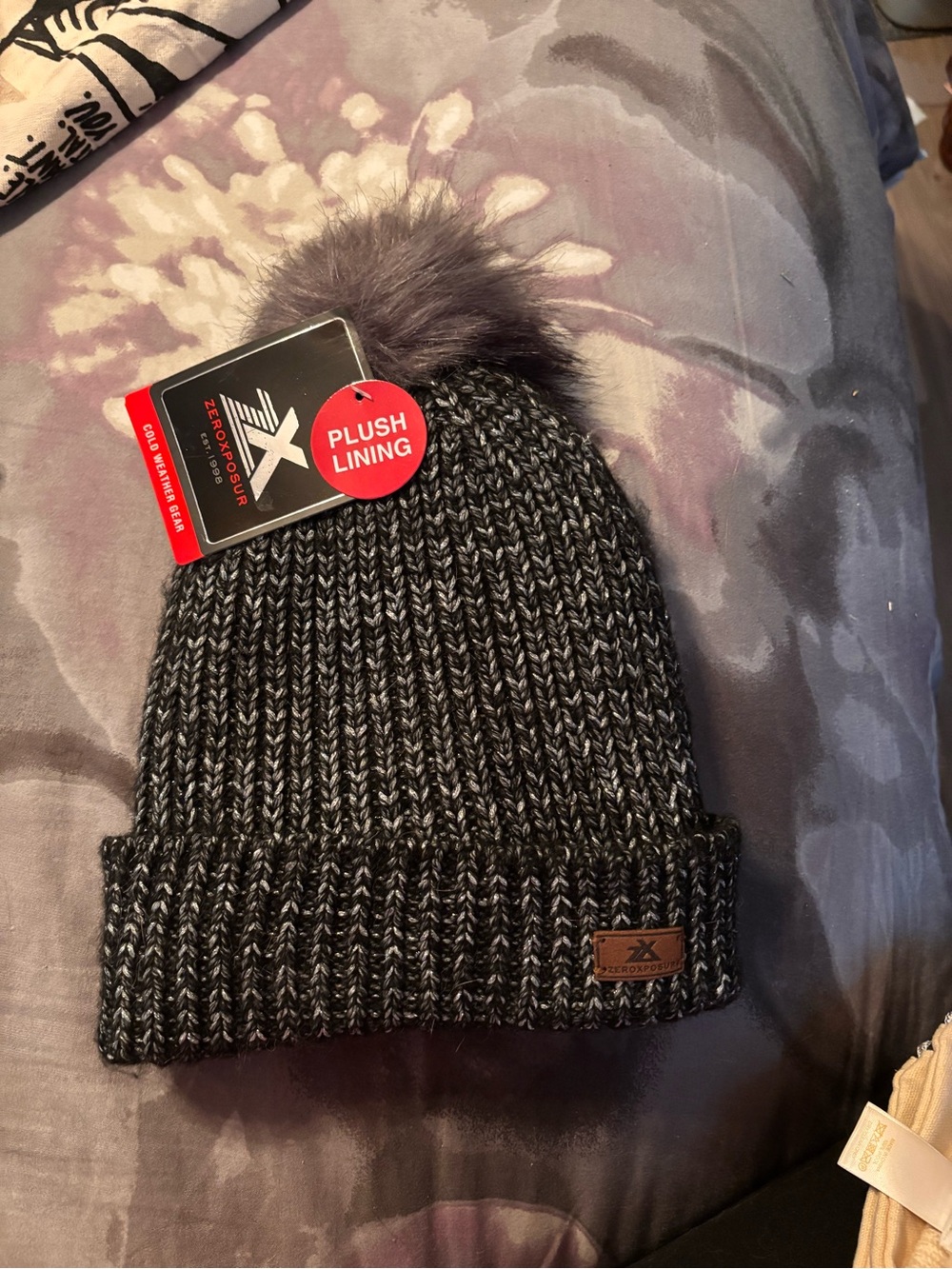 ZeroXposur Black and Gray Knit Pom Beanie with Faux Fur Pom